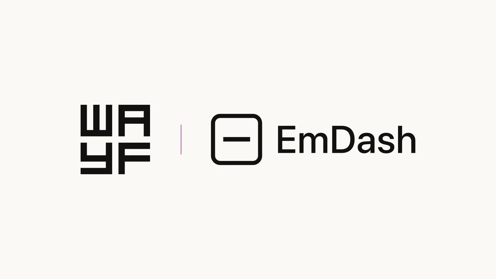 WAYF and EmDash logos on a warm light background, separated by a thin pink rule.