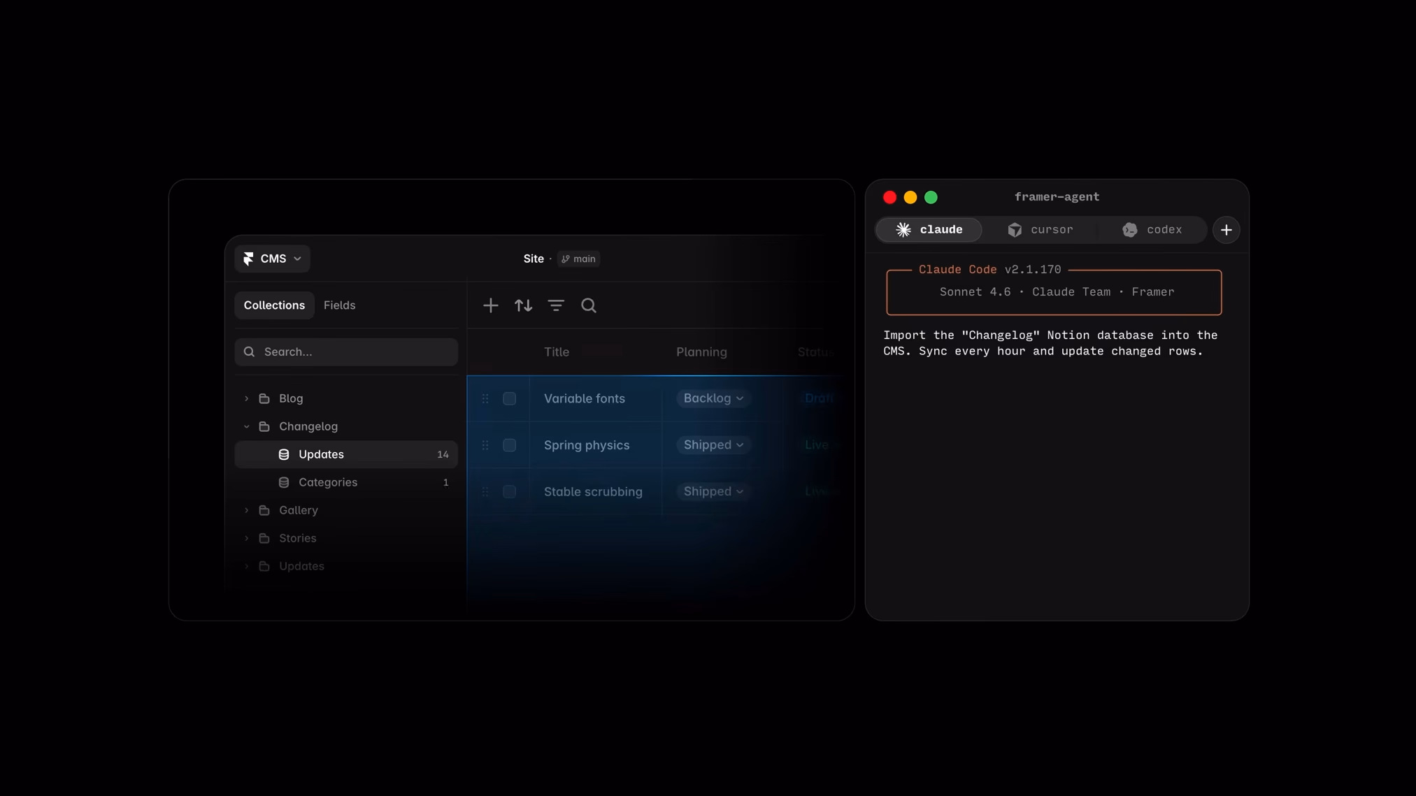 A Framer Agent connected to an external system via the Framer API