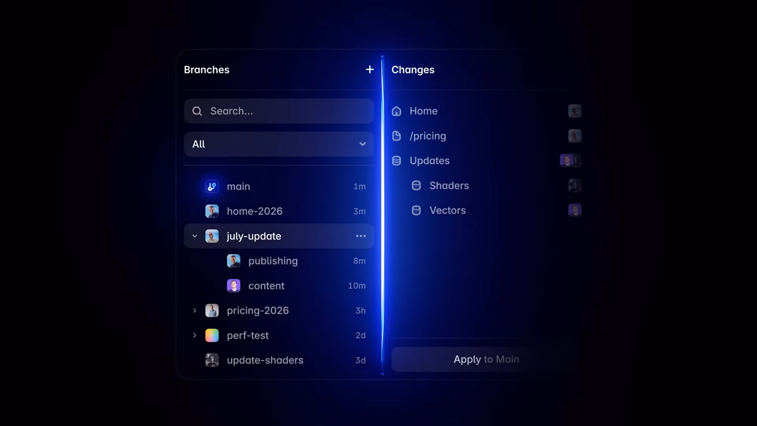The Framer Branches panel showing parallel branches and their changes