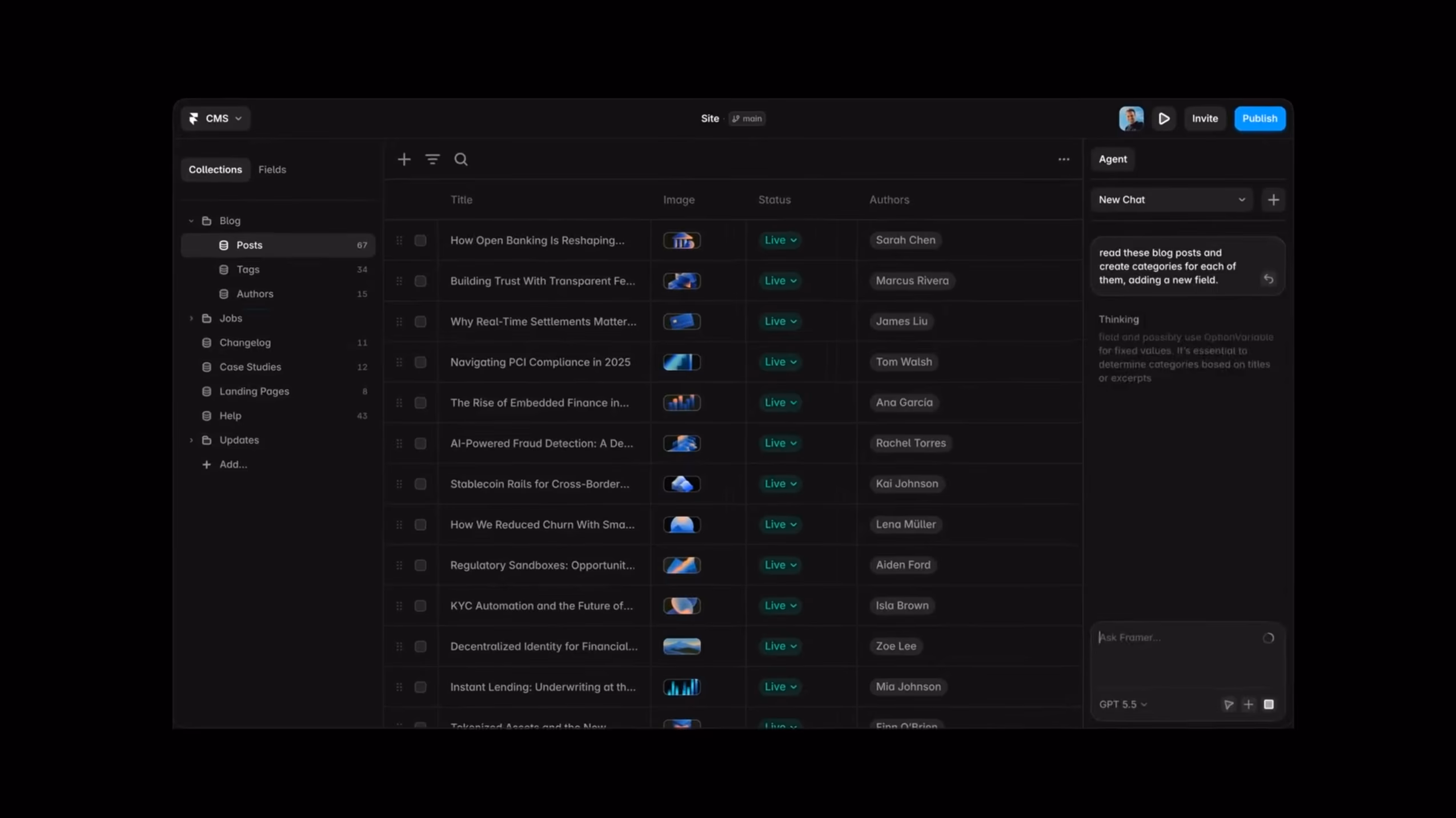 A Framer Agent populating a CMS collection from the context of existing entries