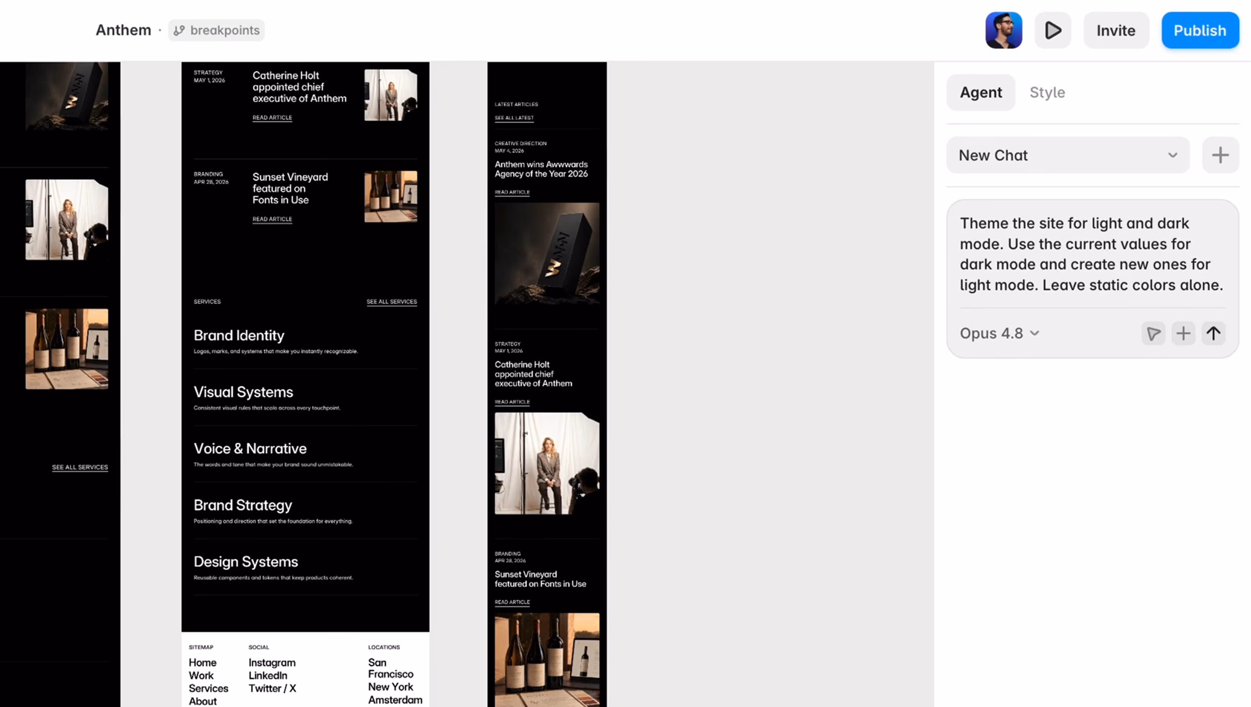 A Framer Agent generating a dark-mode version of an existing design