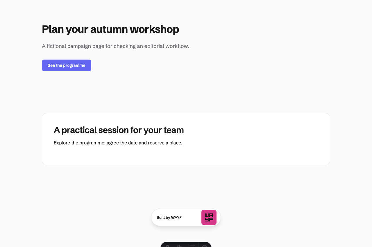 The anonymous public page still showing Plan your autumn workshop before publication.