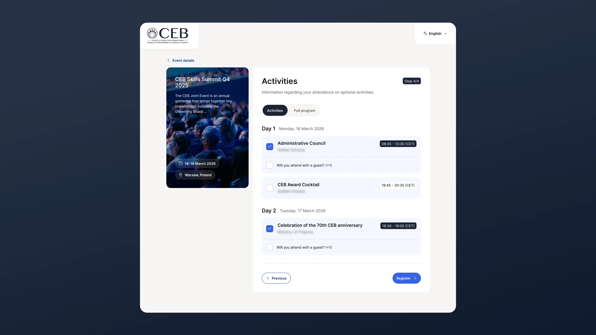 The desktop registration view — the day-by-day activities agenda for the CEB Skills Summit, with per-session details and RSVP.