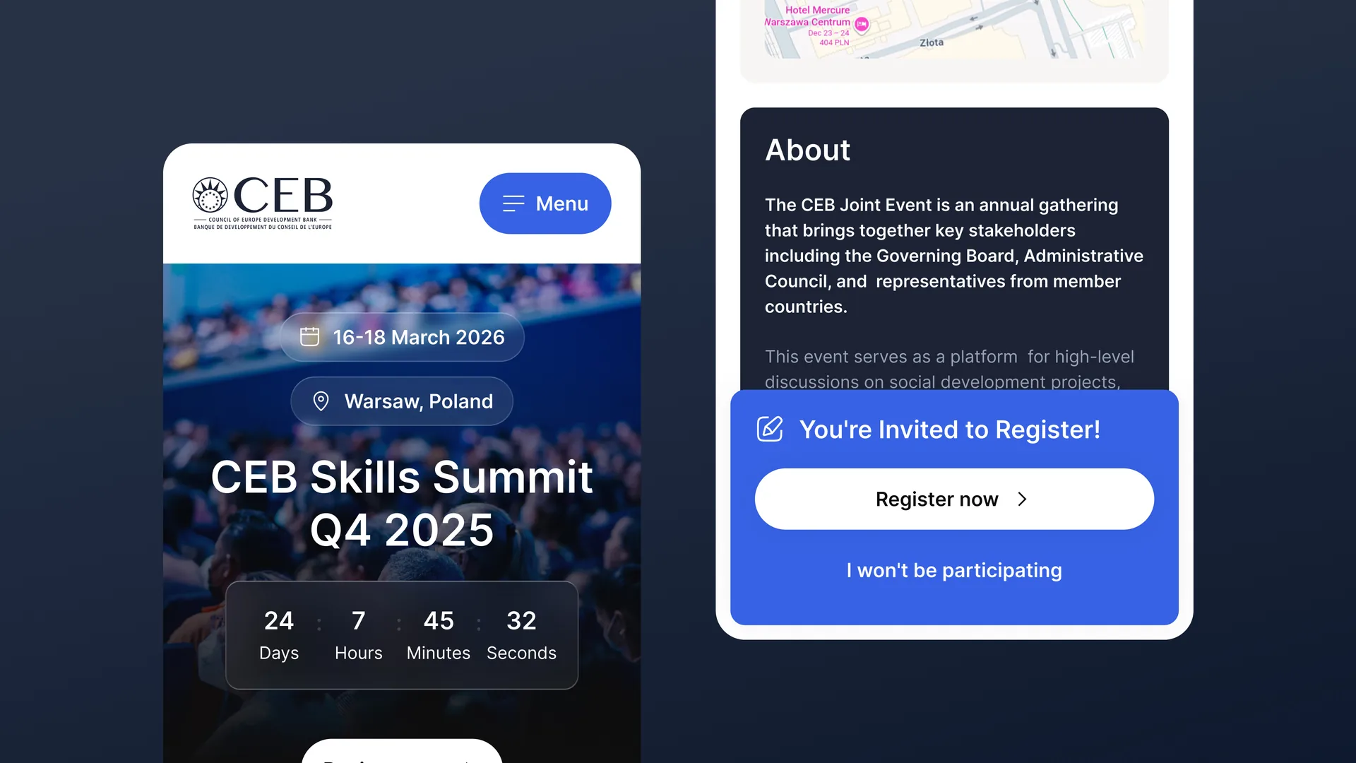 The CEB event site on mobile — the invitation landing with a countdown to the summit and a clear 'Register now' call to action.