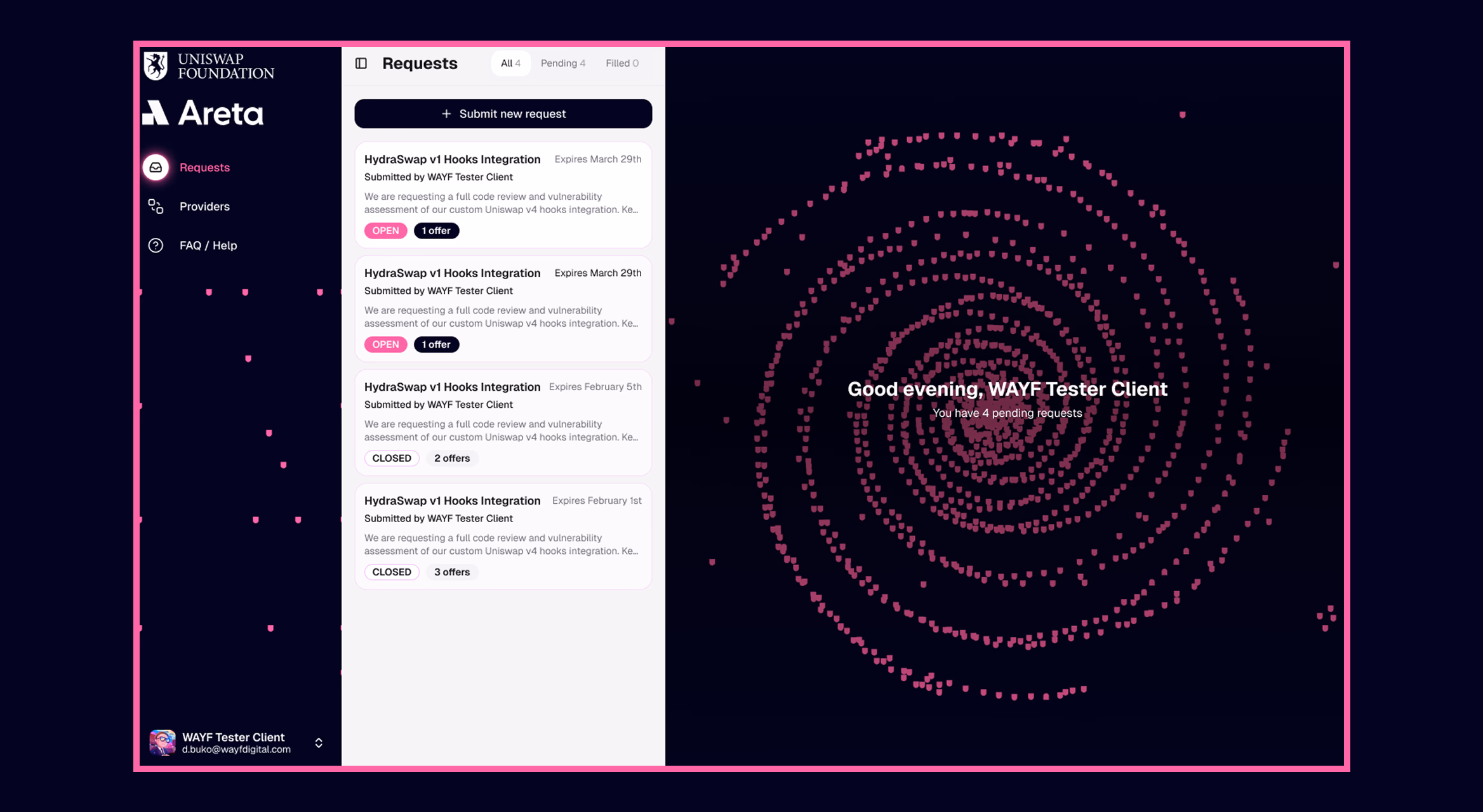 Areta Market — a partner-branded audit marketplace, showing providers, coverage, and engagement status.