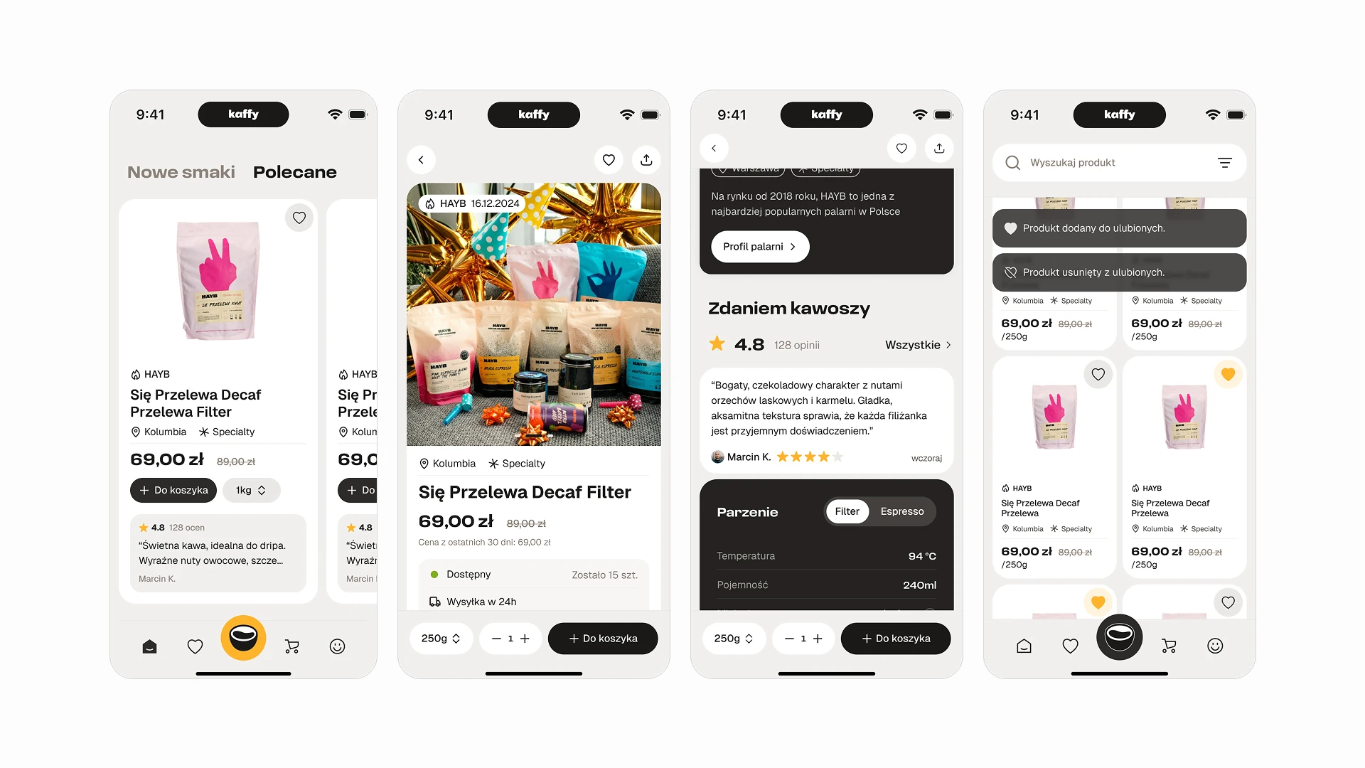 Kaffy-App-Screens — Kaffees stöbern, Produktseite mit Brühparametern und Bewertungen, Favoriten-Raster.