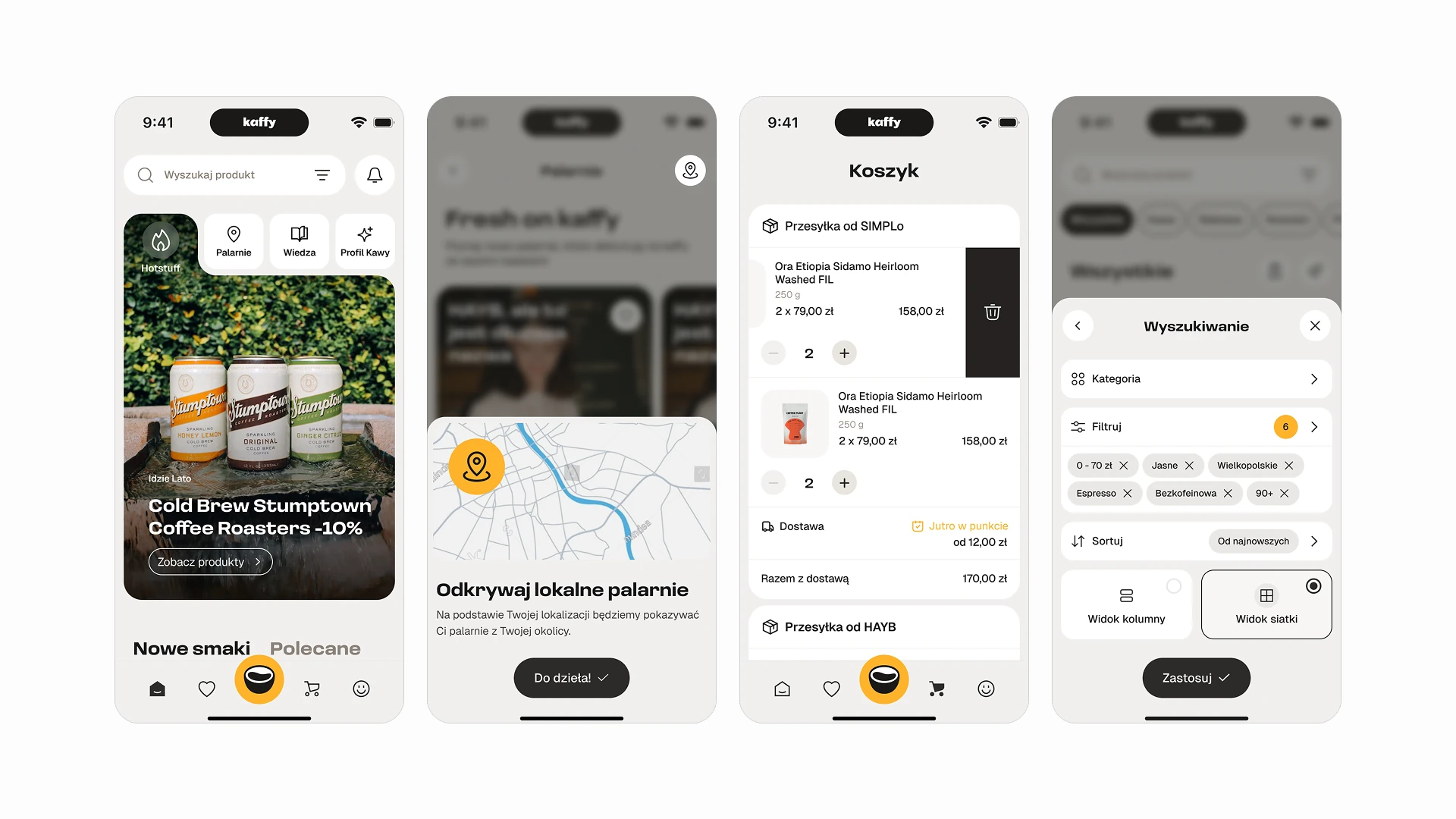 Kaffy-App-Screens — Startfeed mit Featured Drops, Karte zur Entdeckung von Röstereien in der Nähe, Warenkorb und Suchfilter.